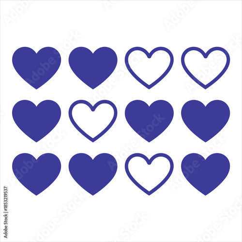 Multiple blue heart symbols are displayed in various filled and outlined versions on a clean white surface