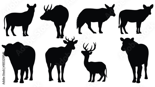 Silhouettes of cows goats deer and sheep on white background