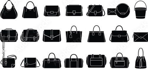Handbag silhouette collection, purse icons, fashion accessories, black vector, shoulder bags, clutches, satchels, crossbody, tote, bucket styles
