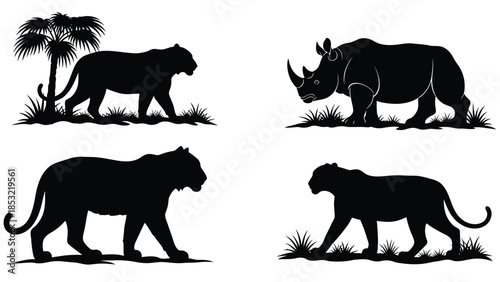 Silhouettes of leopard and rhino in natural setting wildlife nature