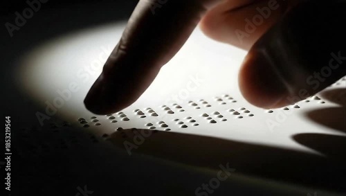 Finger reading Braille text, spotlighted for visual impairment accessibility and tactile communication