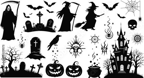 Grim Reaper, witch, bats, scary pumpkins, haunted castle, and graveyard elements for holiday parties and horror themes.