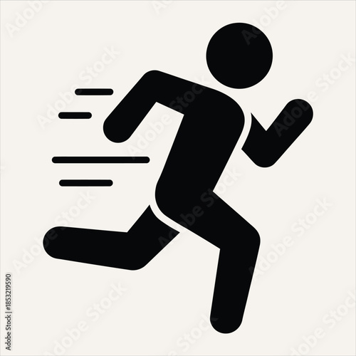 A simple black silhouette of a person running quickly with speed lines on a plain background