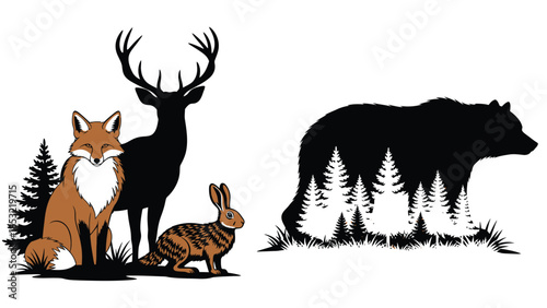 Brown fox and hare with black deer and bear in forest