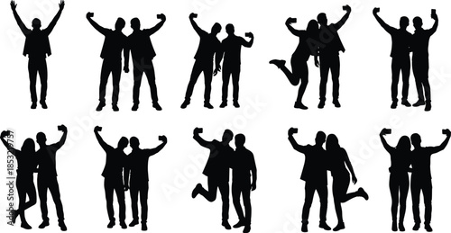 Group of friends taking cheerful selfies, celebrating together in joyful poses, modern silhouette vector illustration showing fun, friendship, unity, and happy social moments