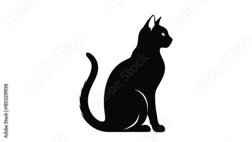Black cat silhouette sitting with tail curled around body