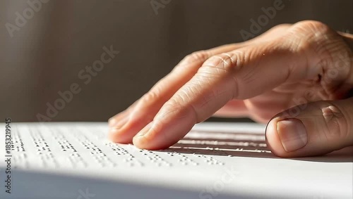 Visually impaired person's hand reading Braille text, emphasizing accessibility and inclusion for the blind community.