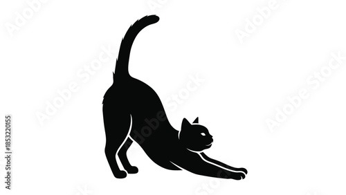 Black cat stretching with raised back and extended front legs silhouette single