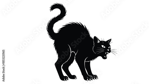 Black cat with whiskers and sharp teeth in a silhouette style