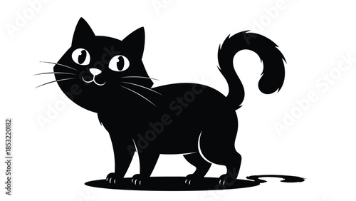 Black cat with white eyes and whiskers standing on a surface
