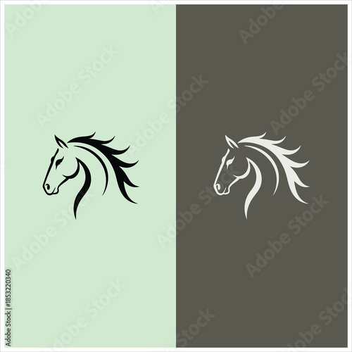 Two elegant horse head profiles in black and light gray on a split colored background