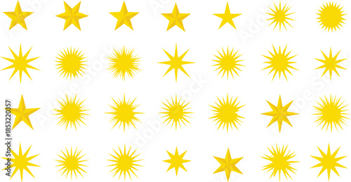 Large collection of yellow star icons sparkles and sunburst symbols isolated on white background for holiday celebration and rating designs