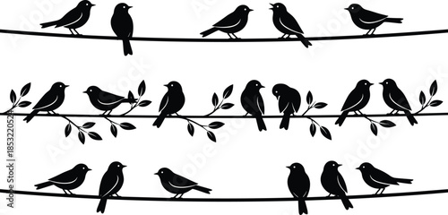 Bird silhouettes sitting on branches and wires collection, black flying birds perched together, nature wildlife decorative elements isolated on white background
