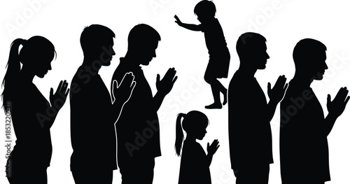 Prayer silhouette illustration, spiritual poses, devotion gesture, black figures, children and adults, unity in faith, meditation, worship, vector