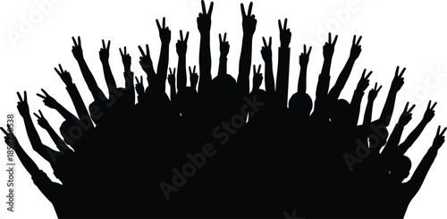 Silhouette of crowd raising peace signs in unified gesture, symbolizing celebration, protest, or solidarity in bold black-and-white style.