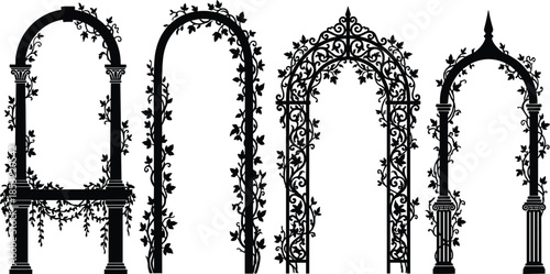 Decorative garden arch silhouettes collection featuring ornate wrought iron frames with climbing vines, elegant floral archway designs for landscape and wedding decor isolated on white background