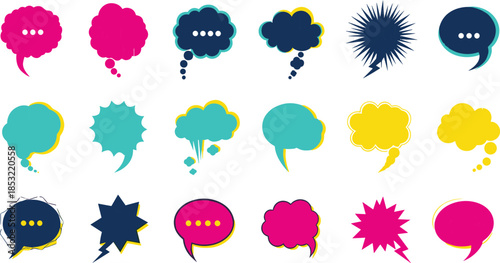Set of colorful speech bubble icons and comic thought clouds isolated on white background for chat message and social media designs