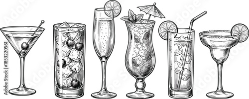 Cocktail glass silhouette set featuring six distinct drink styles with garnishes, ideal for mixology, bar menus, and drink design.