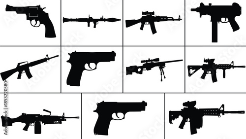 Firearm silhouette collection in grid layout featuring handguns, rifles, and submachine guns in black-and-white for identification and design use.