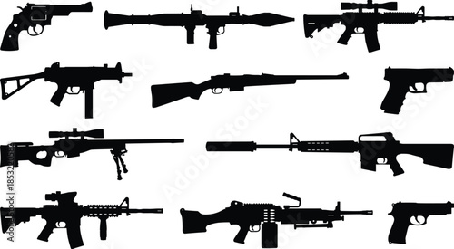 Firearm silhouette set featuring handguns, rifles, submachine guns, and heavy weapons in black-and-white for tactical, military, and identification use.