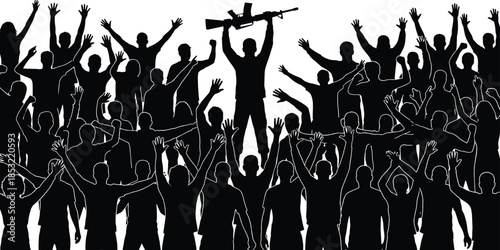 Crowd silhouette illustration with raised hands and armed figure, protest, conflict, revolution, or war concept, dramatic people group scene isolated on white background