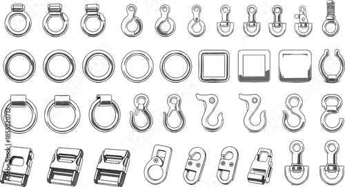 Hardware component silhouette set featuring rings, hooks, buckles, and fasteners in black-and-white, ideal for design, engineering, and vector illustration.