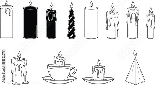 Candle line art illustration set featuring burning wax candles, dripping shapes, decorative candle designs, hand drawn outline collection isolated on white background