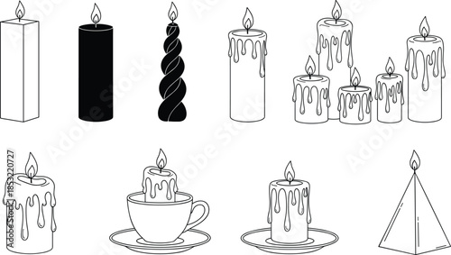 Candle silhouette set featuring ten unique wax shapes and flame styles in black-and-white, ideal for decor, ritual, and vector design.