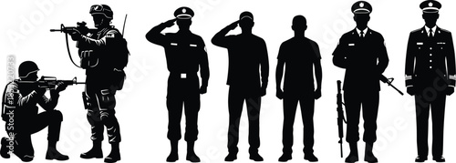 Police and military officer silhouettes lineup featuring armed soldiers, tactical units, and uniformed commanders, law enforcement and defense personnel poses isolated on white background