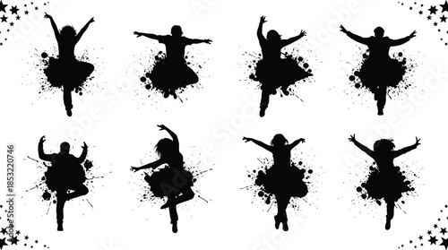 Dancer silhouette splatter collection featuring expressive ballet and modern dance poses, energetic female performers with ink splash effects, artistic movement illustration isolated