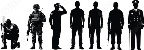 Military personnel silhouette set featuring diverse poses and uniforms, including combat, formal, and casual attire in black-and-white vector style.