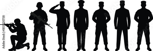 Military officer and soldier silhouettes lineup featuring armed infantry and formal uniforms, army personnel poses, defense and security concept isolated on white background