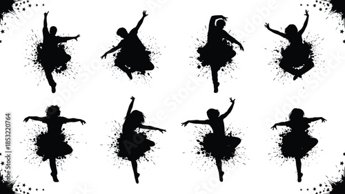 Ballet dancer silhouette set with artistic splatter effects and star accents, showcasing graceful poses in dynamic black-and-white style.