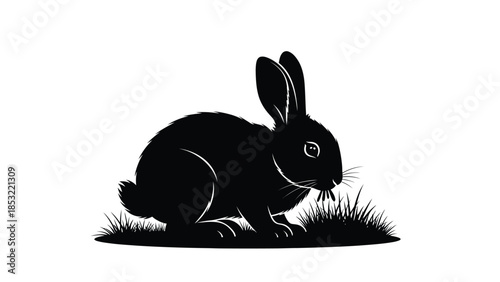 Black rabbit sitting on grass with whiskers visible