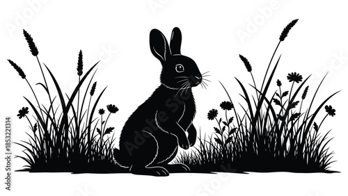 Black rabbit sitting in a field of tall grass and flowers