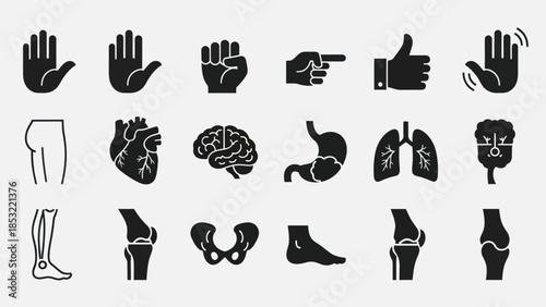 Human body parts and gestures silhouettes for health biology and design