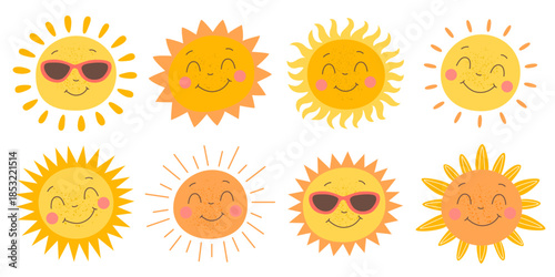 Cute Smiling Sun Characters Set with Freckles. Happy Cartoon Sun with Faces. Summer Weather Icons. Kids Illustration Collection.