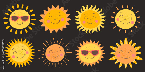 A set of cute sunny characters on a dark background. Smiling cartoon sun icons with different rays and expressions. Summer weather vector illustration.
