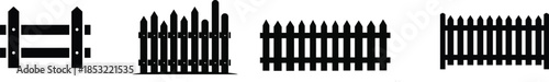 Four different types of fences and gates in black silhouette on white background