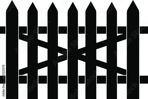A black picket fence with pointed tips and crisscrossed support beams on a white background