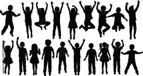 Happy children black silhouette collection, kids boys and girls jumping, playing, dancing, hands raised, celebrating freedom and joyful childhood, vector illustration set isolated on white background.