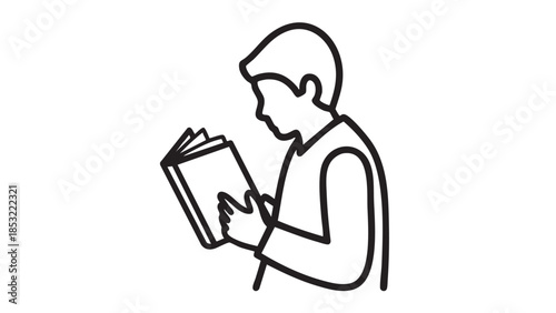Person reading a book with open pages and a simple outline on a white background Keywords