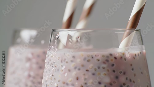 Close Up Of Two Pink Chia Seed Pudding Glasses With Striped Straws