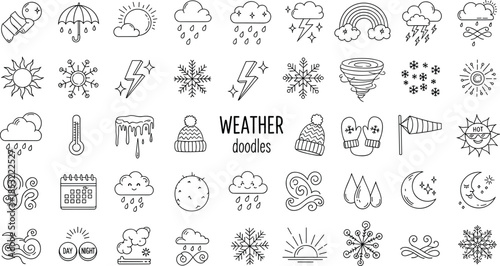 Hand Drawn Weather Doodle Vector Icon Set with Sun Rain Clouds Snow and Storm Symbols for Seasonal Forecast Design and Education