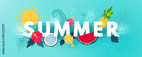 Summer tropical vector design for banner or flyer with exotic palm leaves, hibiscus flowers sun, fruits and ocean waves.