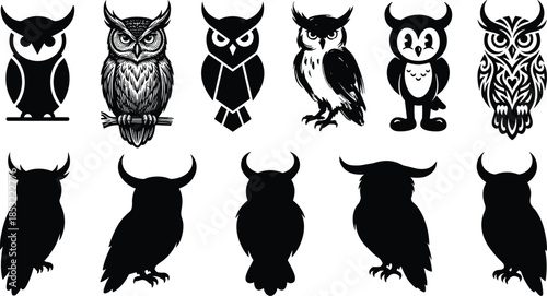 hOwl, silhouette, illustration, set, black, bird, icons, wildlife, nocturnal, animal, vector, collection
