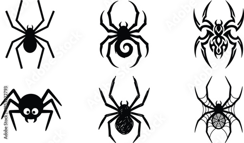 Spider silhouette icon set spooky halloween arachnid symbols black vector collection