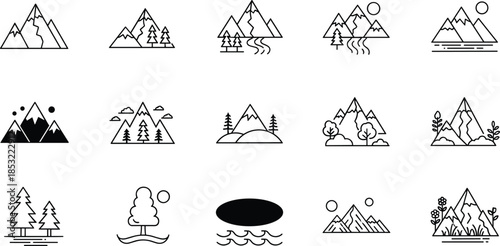Set of minimalist mountain and nature line icons featuring alpine peaks, evergreen trees, scenic landscapes, and outdoor wilderness adventure elements for design.