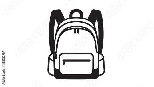 Simple black and white outline of a school backpack Keywords: backpack, school, bag, travel