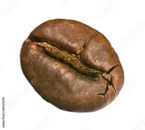 Close up macro photo of coffee bean front and back view, roasted seed with rich texture, isolated food ingredient concept.